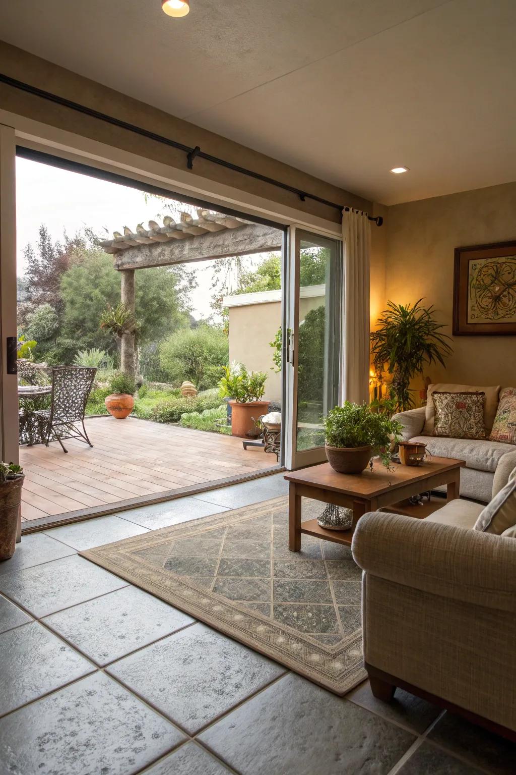 Unify indoor and outdoor spaces with coordinated ground covering designs.