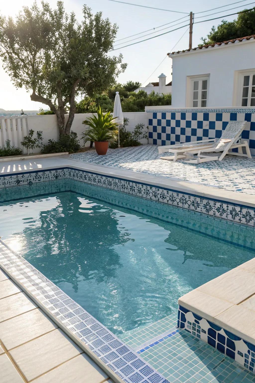 Blue and white tiles transform your pool into a peaceful ocean paradise.
