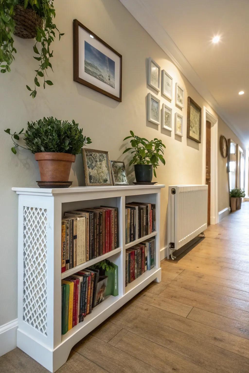 A radiator shield that also functions as a helpful shelf area.