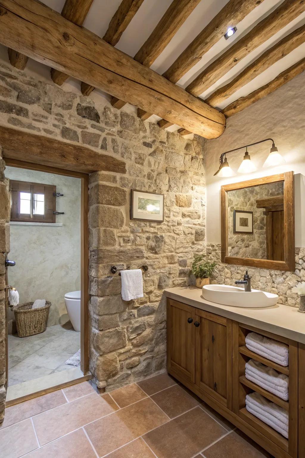 Rock tile wall features adding texture and depth to the rural layout.