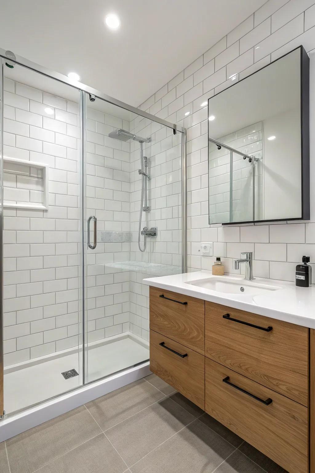 A minimalist bathroom presents a sleek and uncluttered shower design.