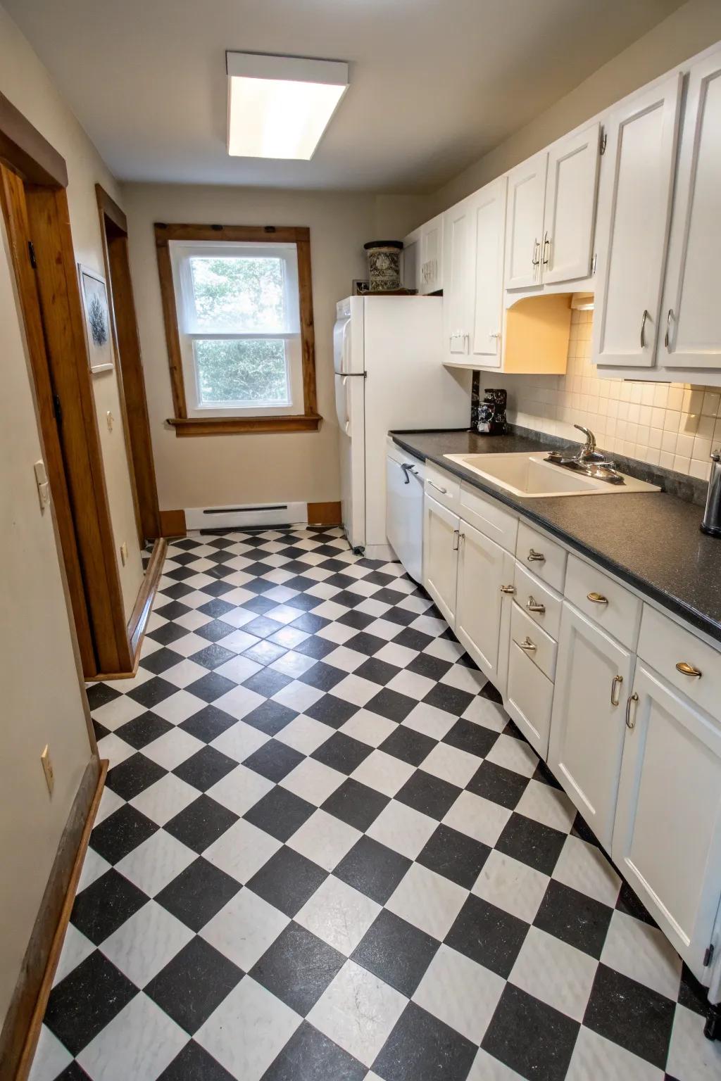 Checkerboard floor tiles in a small kitchen