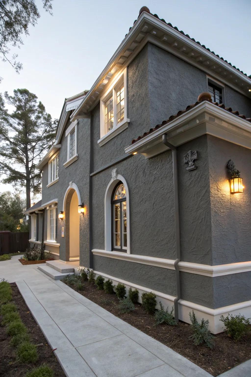 Graphite stucco home emphasizing bright accents.