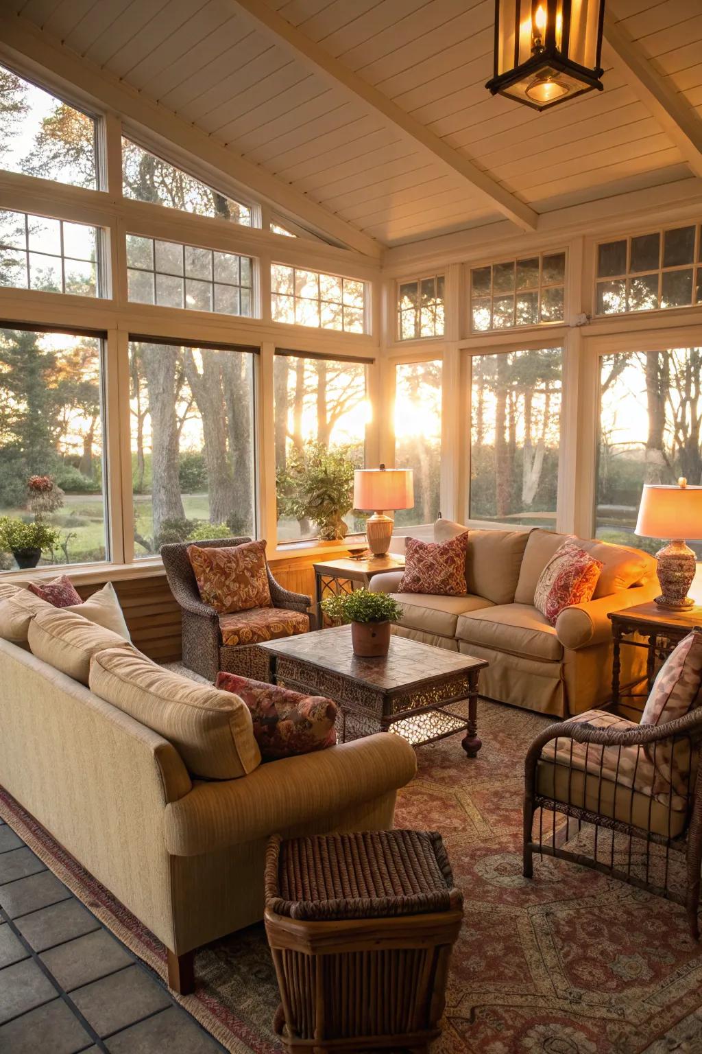 A snug seating arrangement in a sunroom, perfect for lazy afternoons.