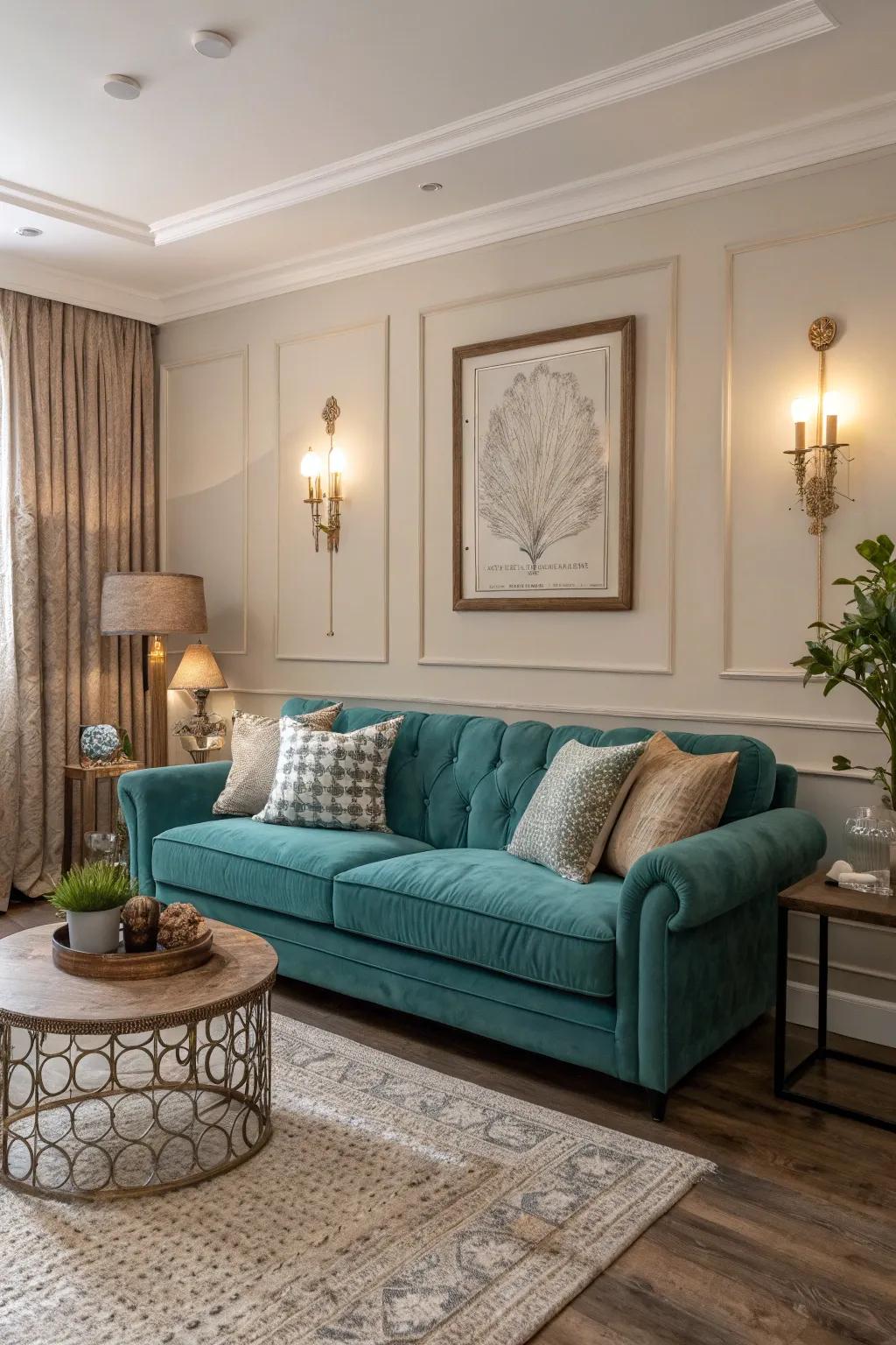 A plush teal couch serves as the focal point in this elegantly styled family room.