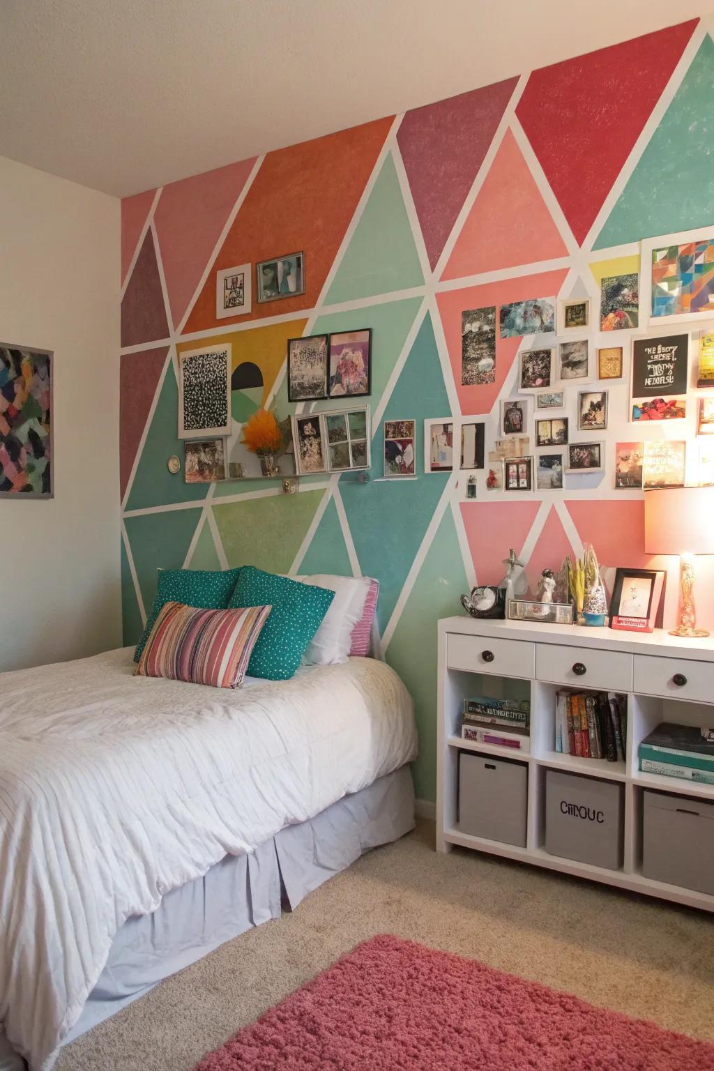 A space revitalized by a captivating geometric wall.