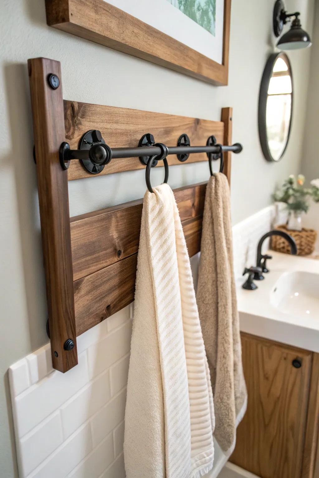 Wood meets metal in this chic towel rack design.