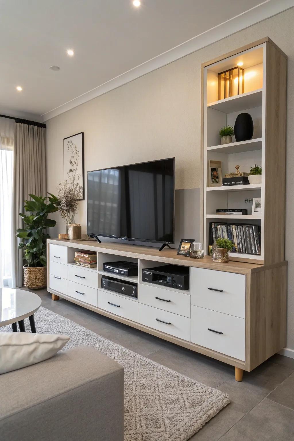 TV stand with integrated storage for a clutter-free look.