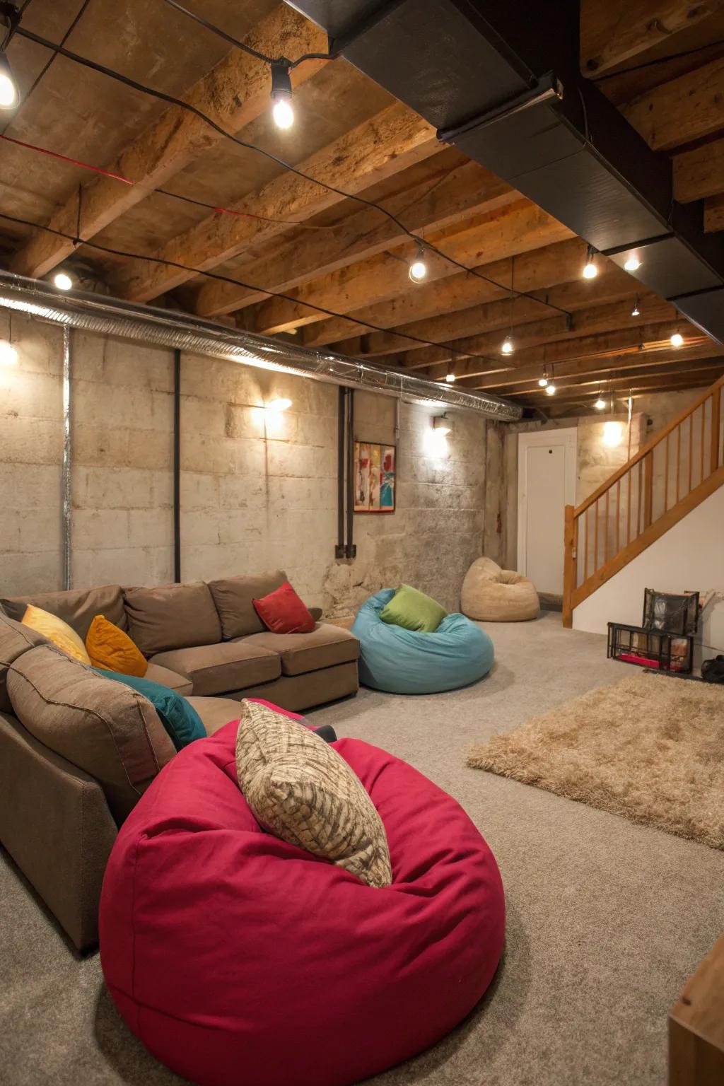 A welcoming seating niche in a modern, unfinished basement.