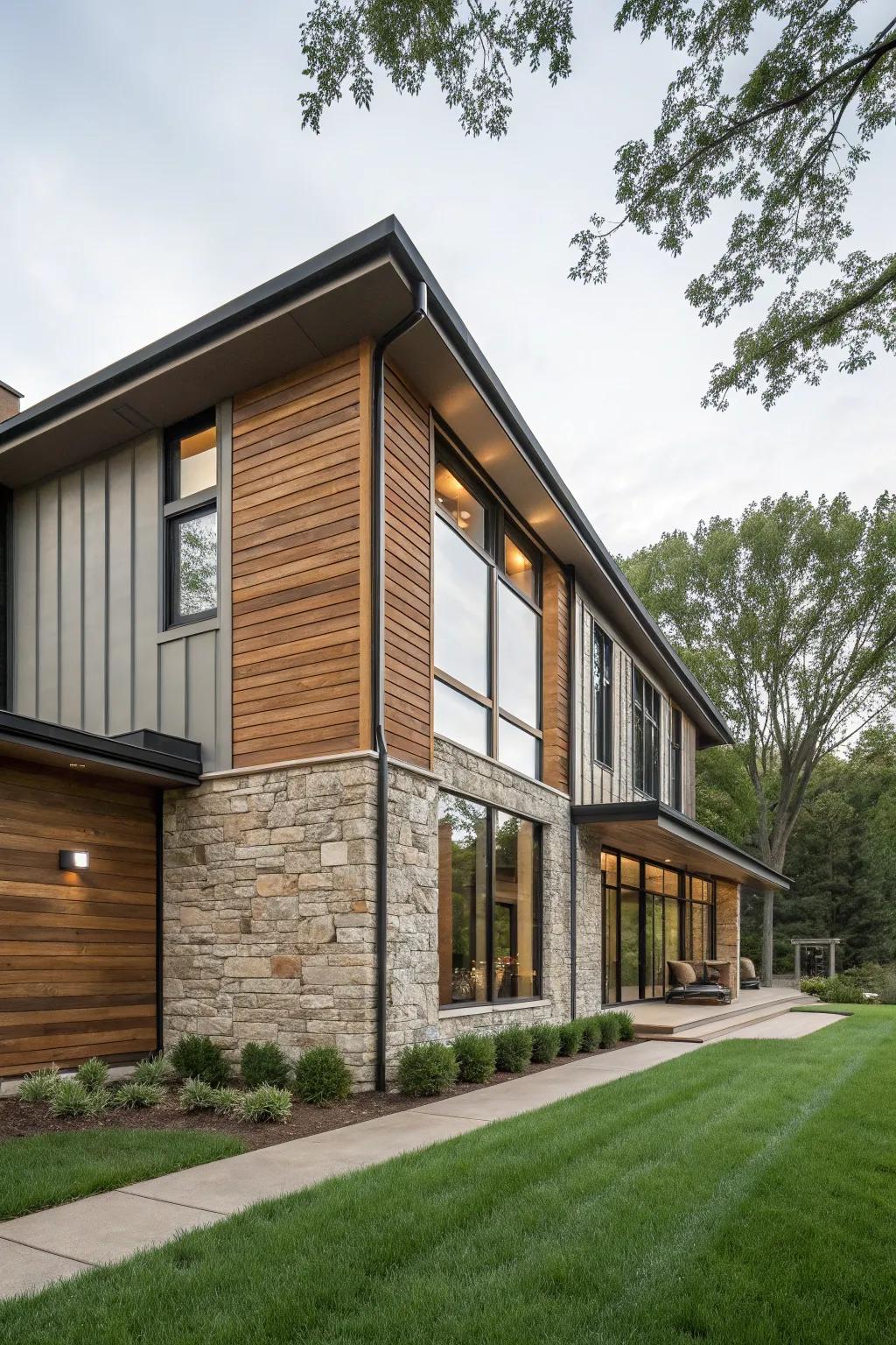 Dynamic exterior with mixed material siding