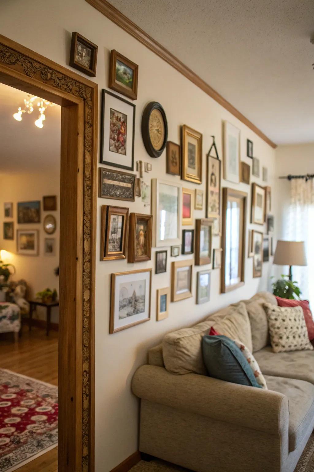 A cozy gallery wall featuring art, photos, and mirrors.