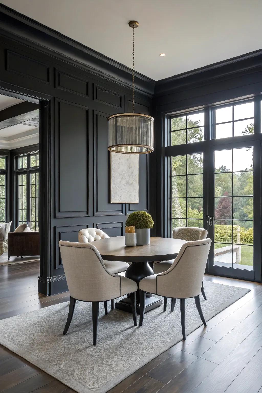 Shadowy trims establish a breathtaking contrast alongside brighter walls and furnishings.