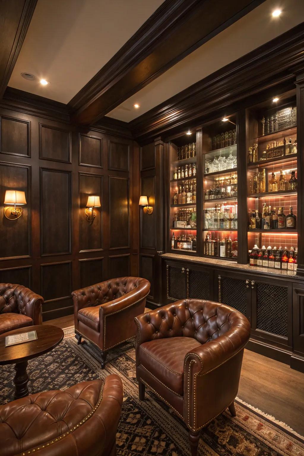 Deep wood and leather craft an inviting, snug setting ideal for savoring whiskey.