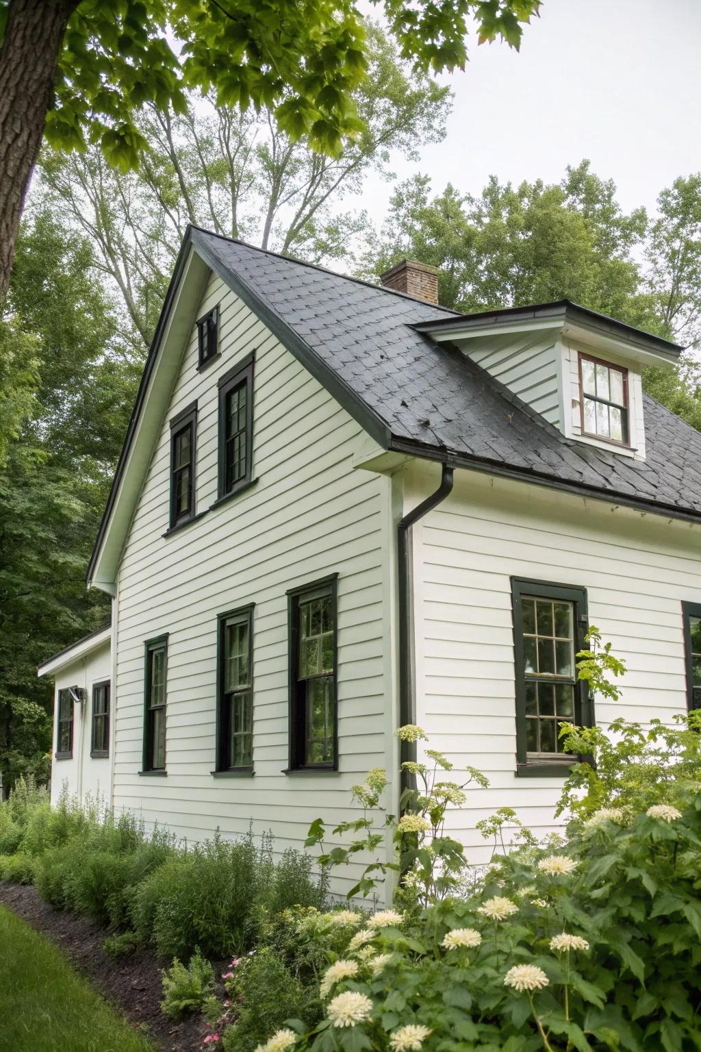 A contemporary white-clad home with notable shadowy roofing and window edges.