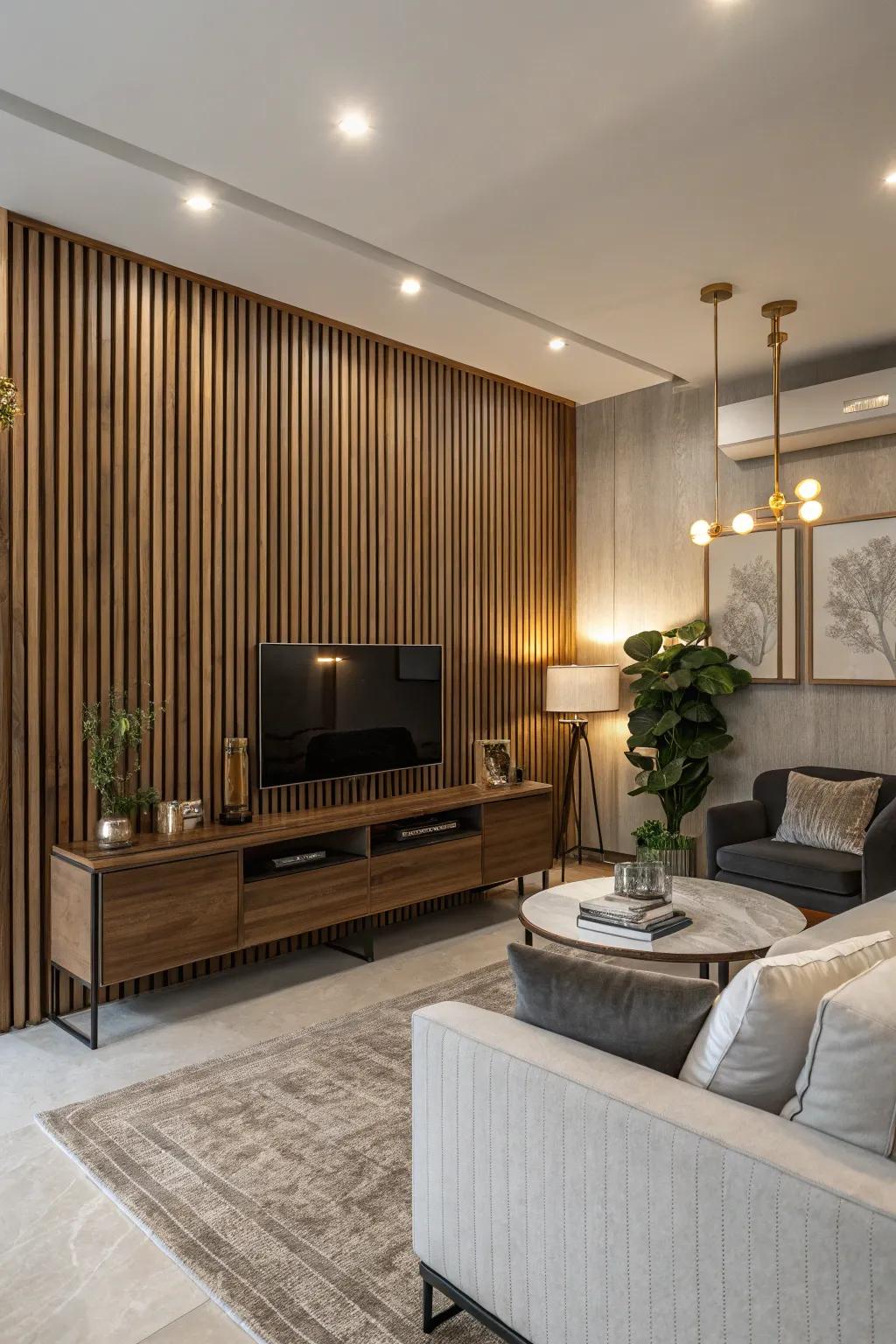 Revitalize your living room with a vertical wood slat wall, enhancing its height and sophistication.