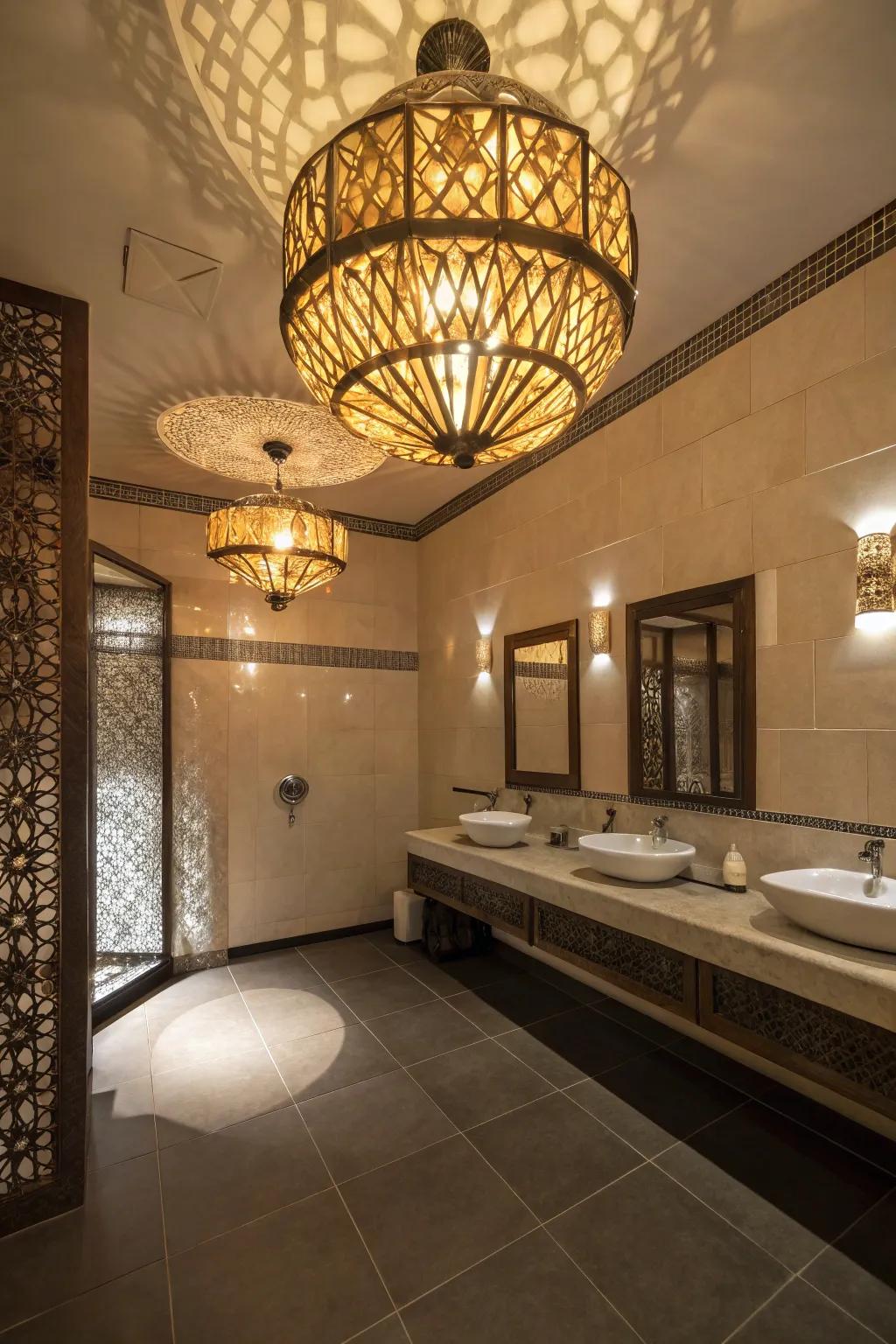 Showstopping lighting enhances the moody atmosphere of your bathroom.