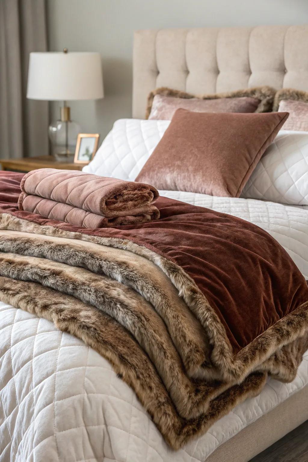 A cozy bed is layered with velvet and imitation fur bedding.