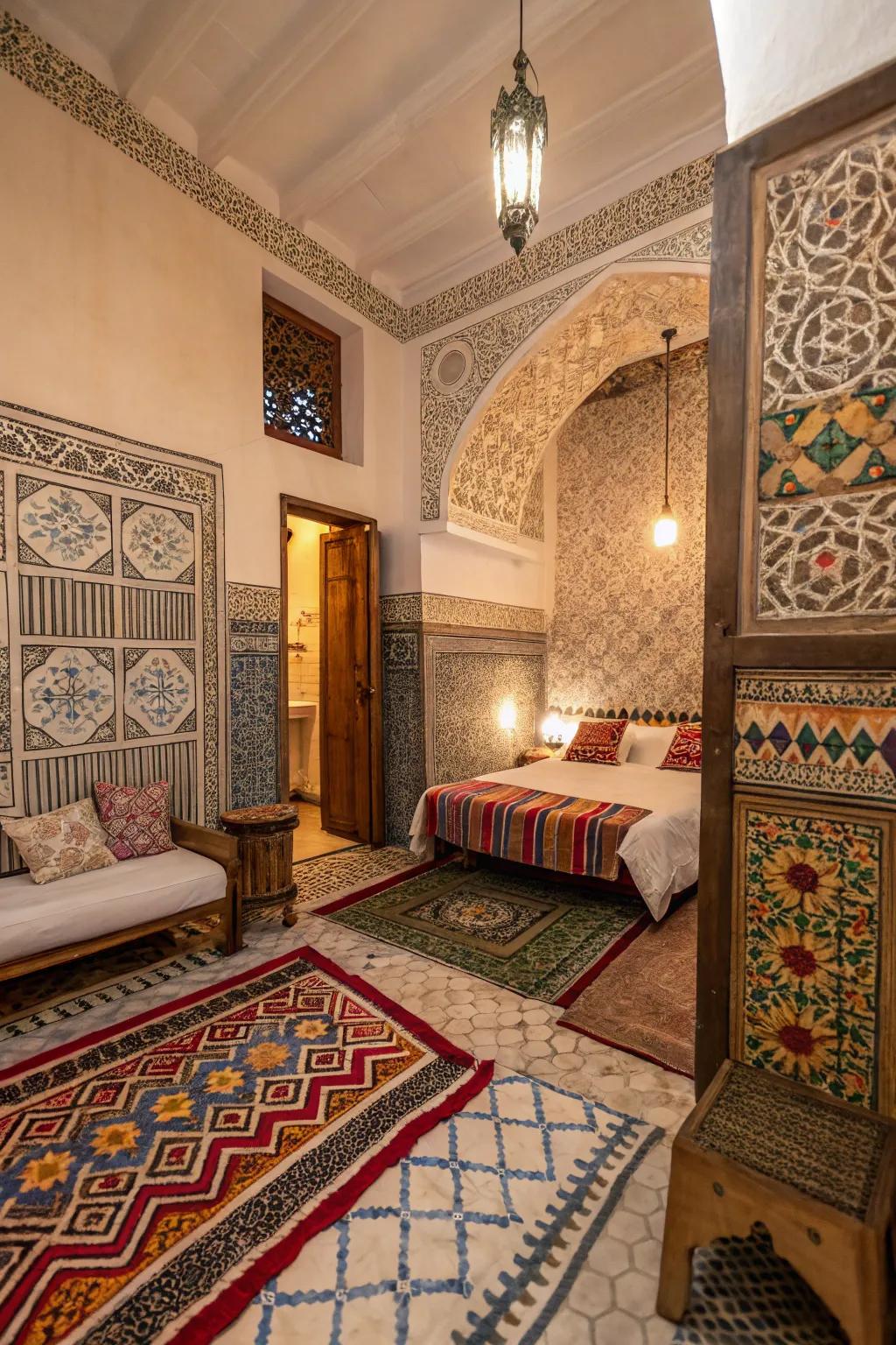 Geometric designs fashion a tapestry of cultural essence in your bedroom.