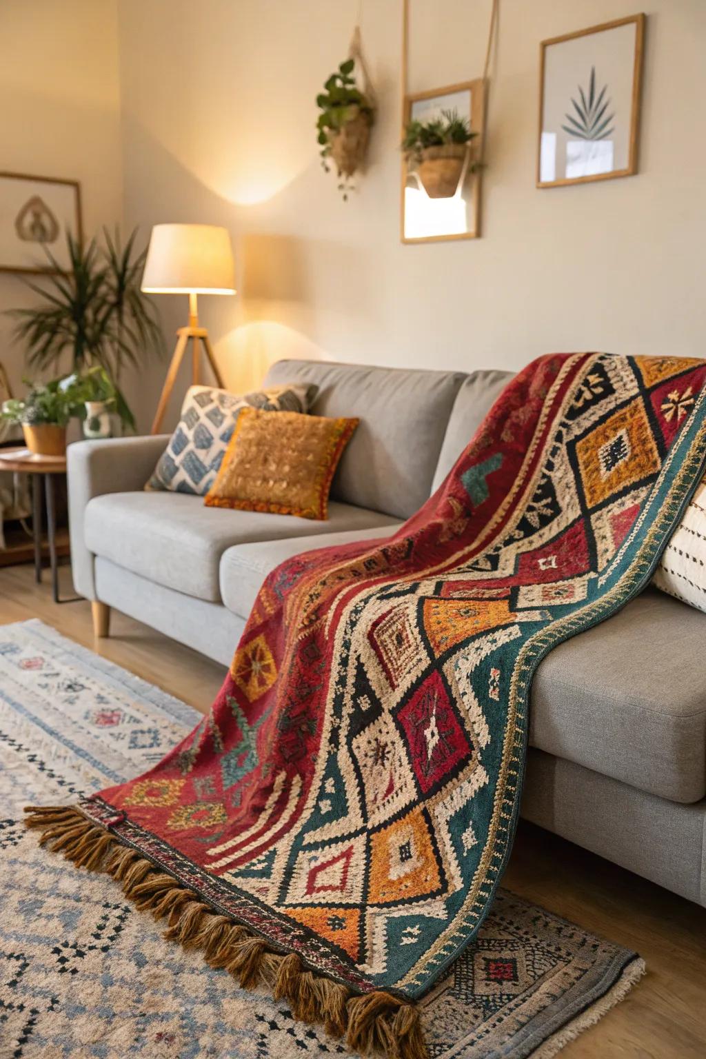 A Moroccan rug infuses a sleek living space with its inviting warmth and rich colors.