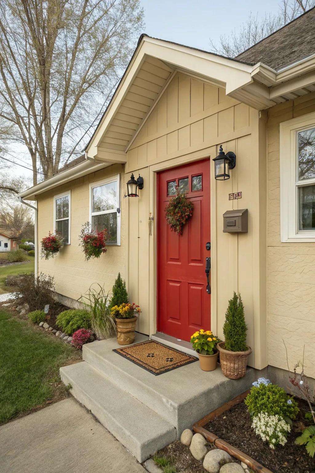 A crimson front door introduces a burst of color and character to a beige house.