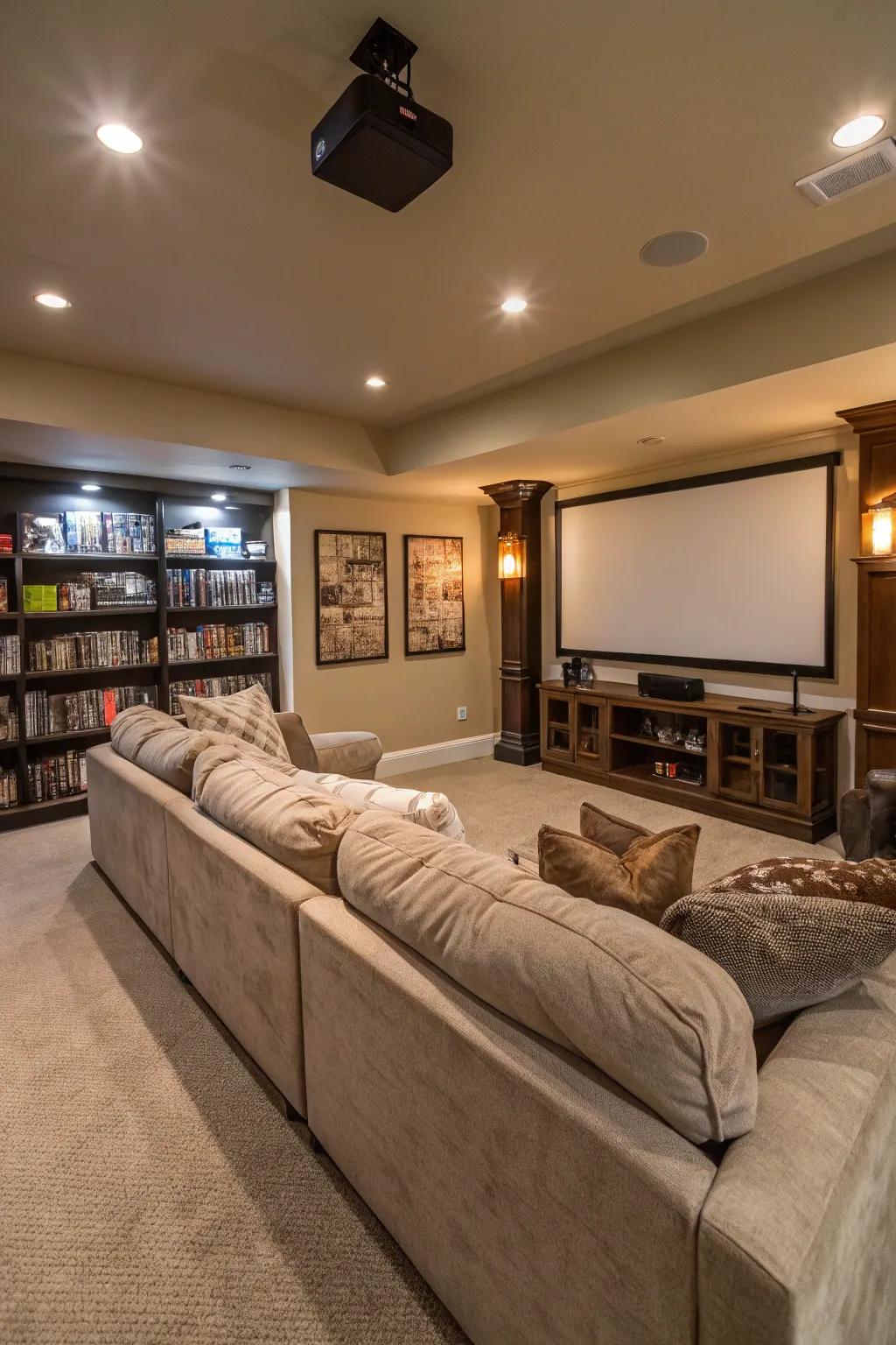 Curved sofas enhance the inviting feel of movie evenings.