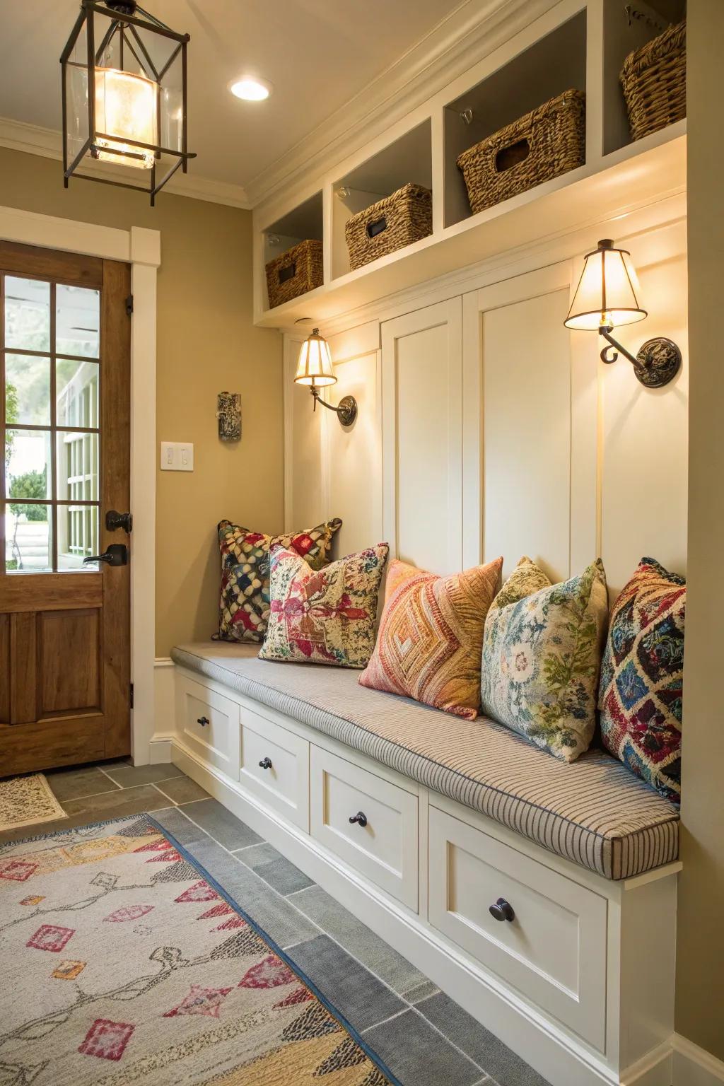 Comfortable mudroom seating with vibrant pillows for an inviting sensation.