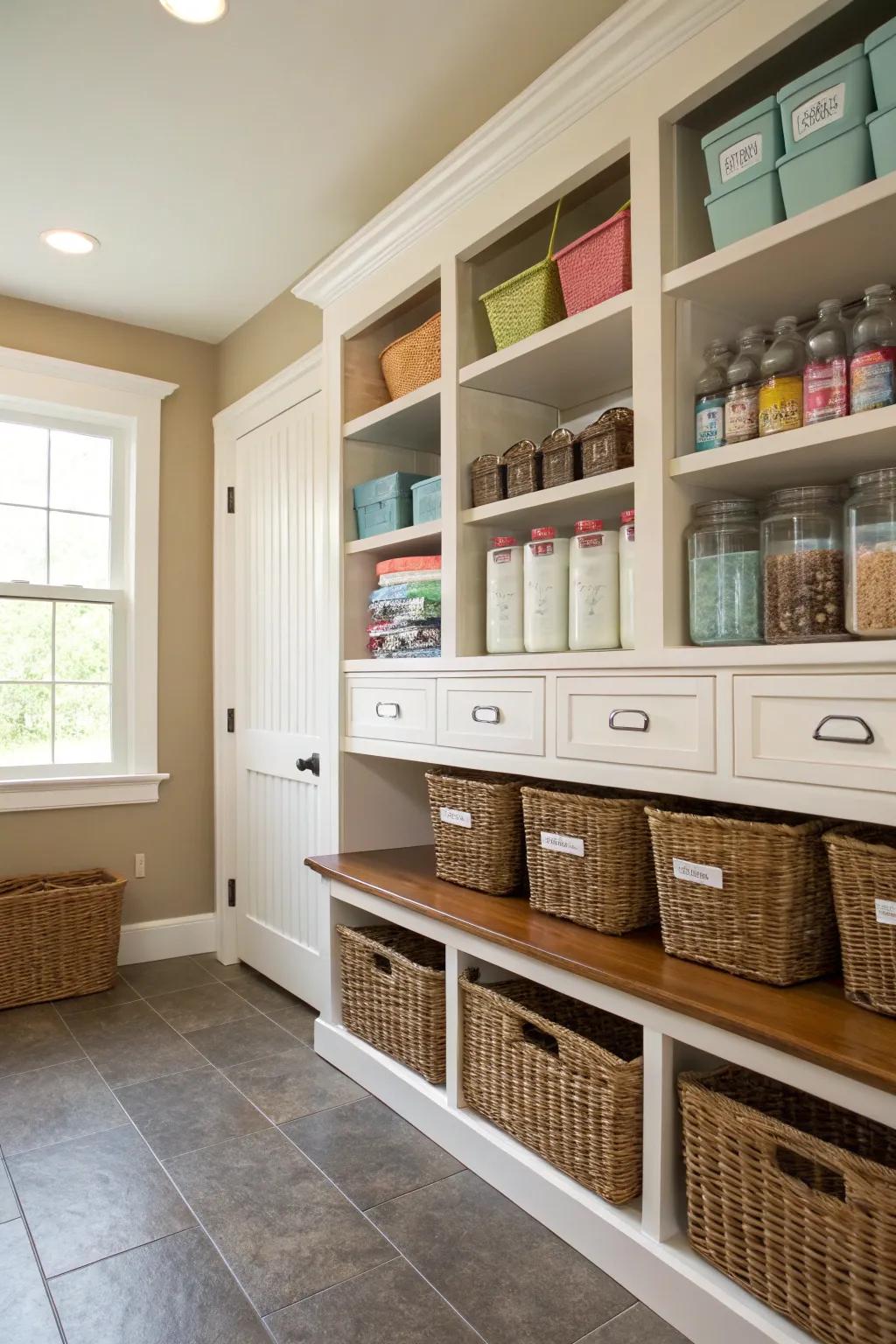 Integrated shelving solutions maintain a streamlined look while keeping essentials neatly stored.