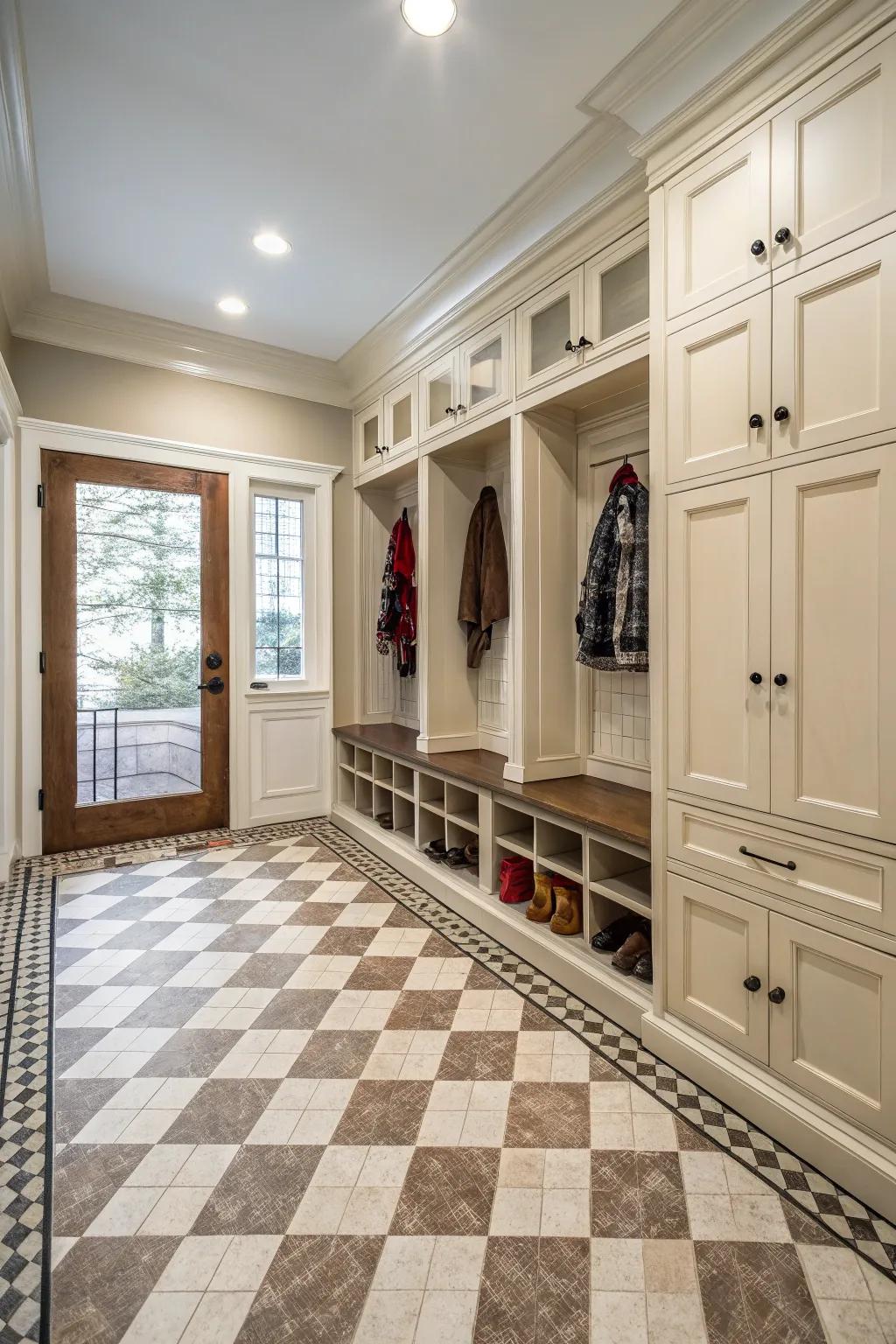 Classic checkerboard tiles add timeless elegance to any mudroom.