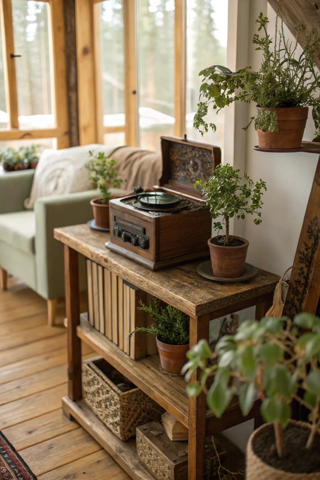 A woodland-themed music box nestled among nature-inspired decor.