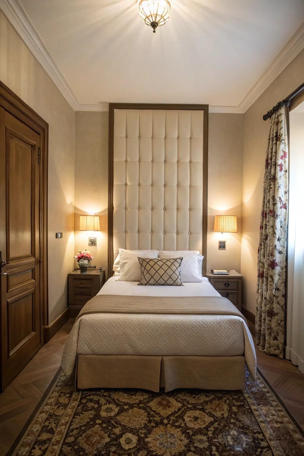 A tall headboard adds vertical interest and a sense of space in a narrow room.