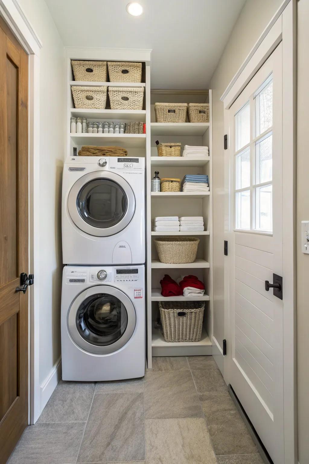 Appliances stacked to the ceiling free up significant floor space, increasing storage and functionality.