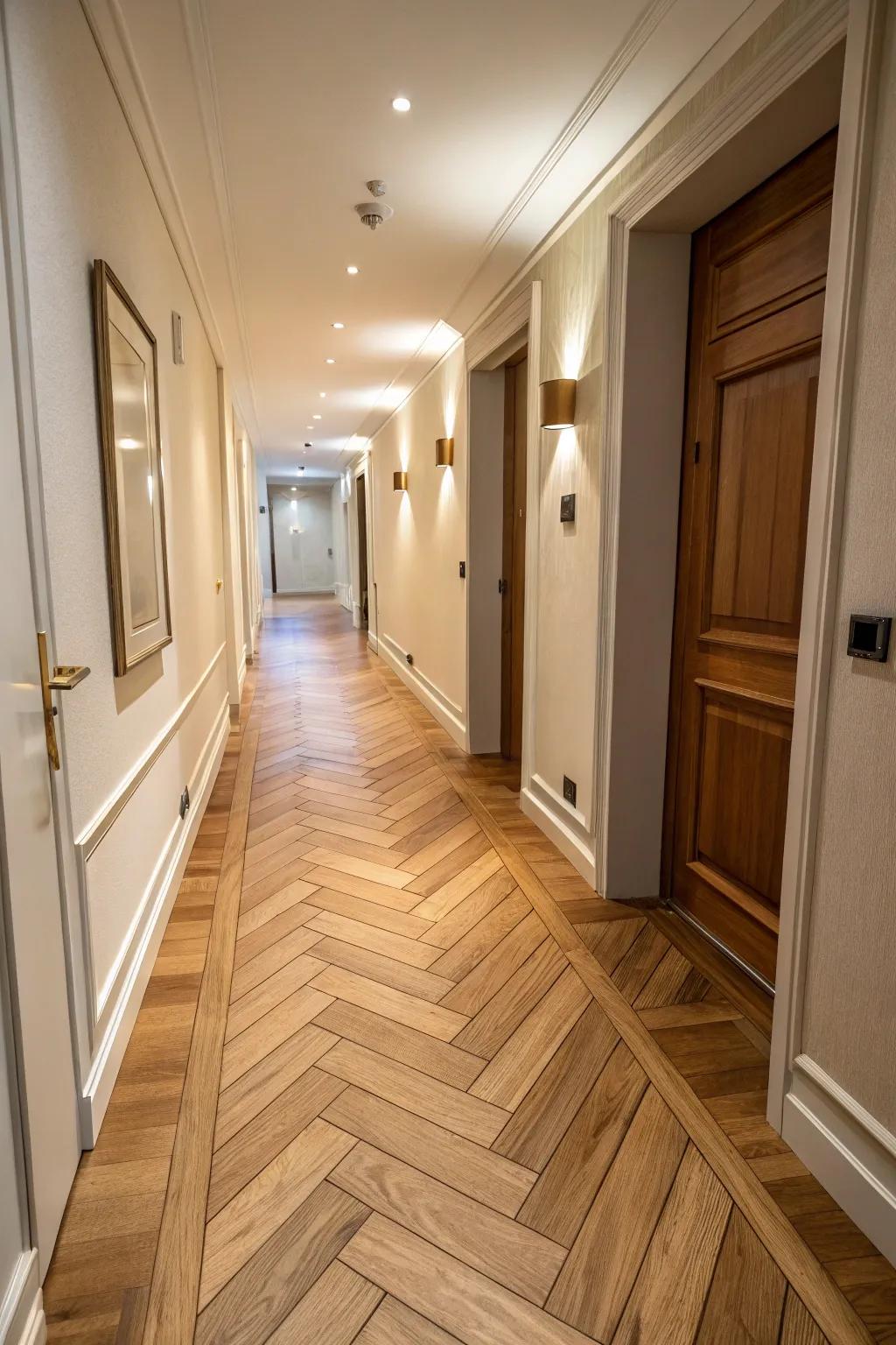 Wooden floors arranged in a herringbone pattern can amplify the sophistication of your hallway.