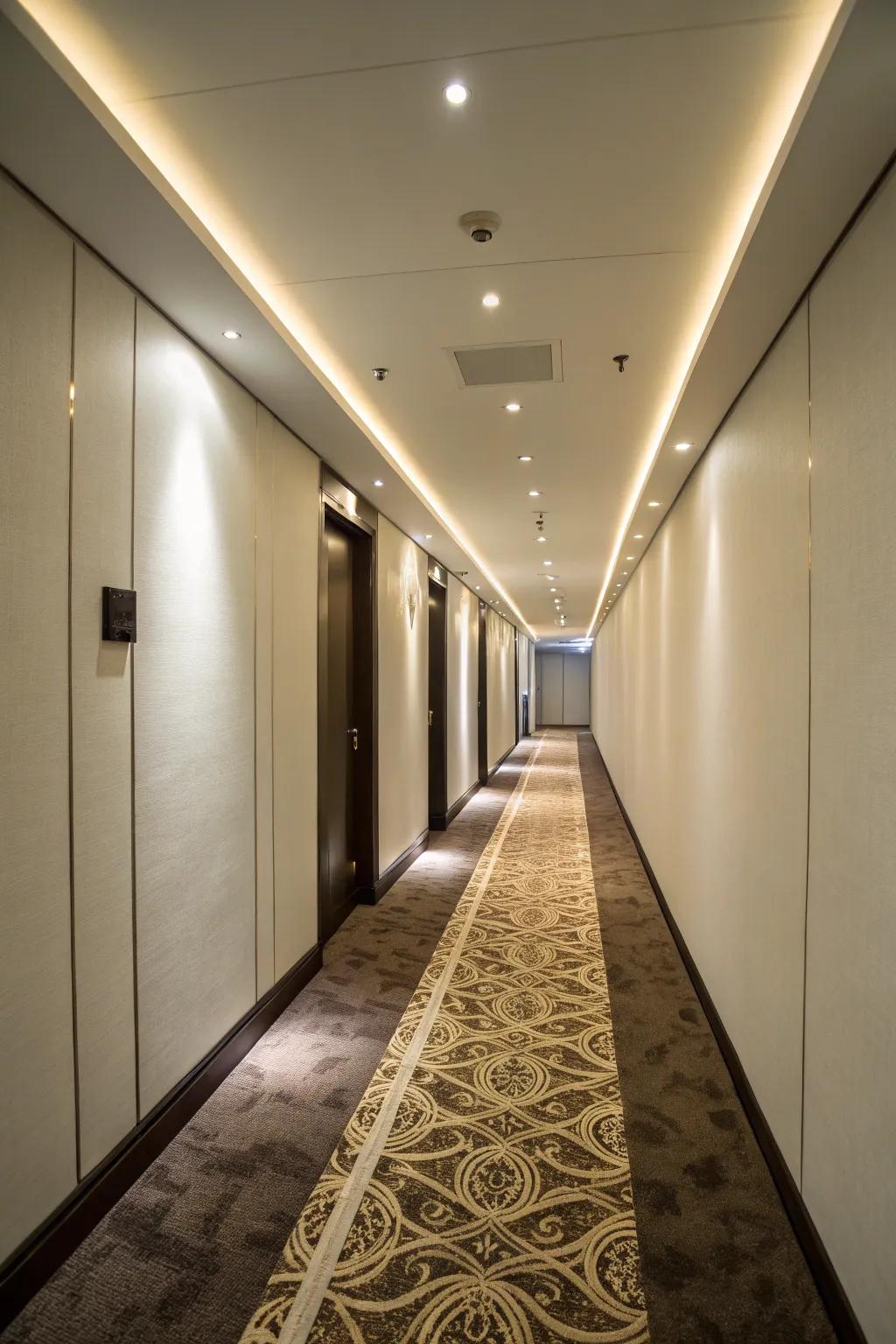 Recessed lighting provides a minimalist touch to narrow hallways.