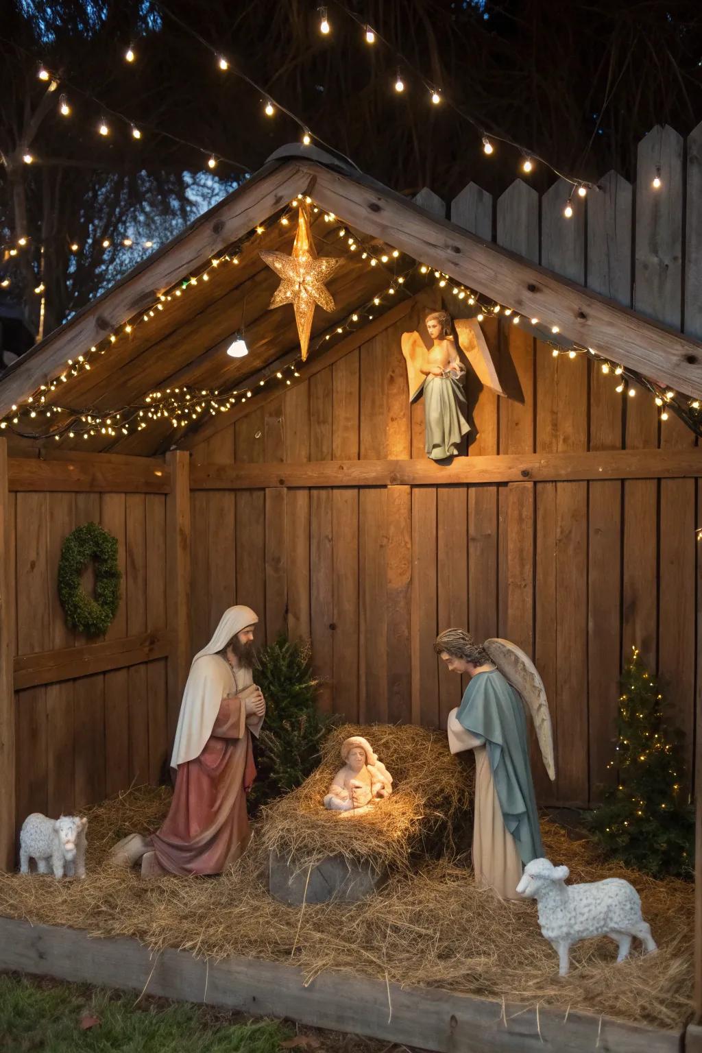 A rustic wooden stable creates a charming, authentic scene.