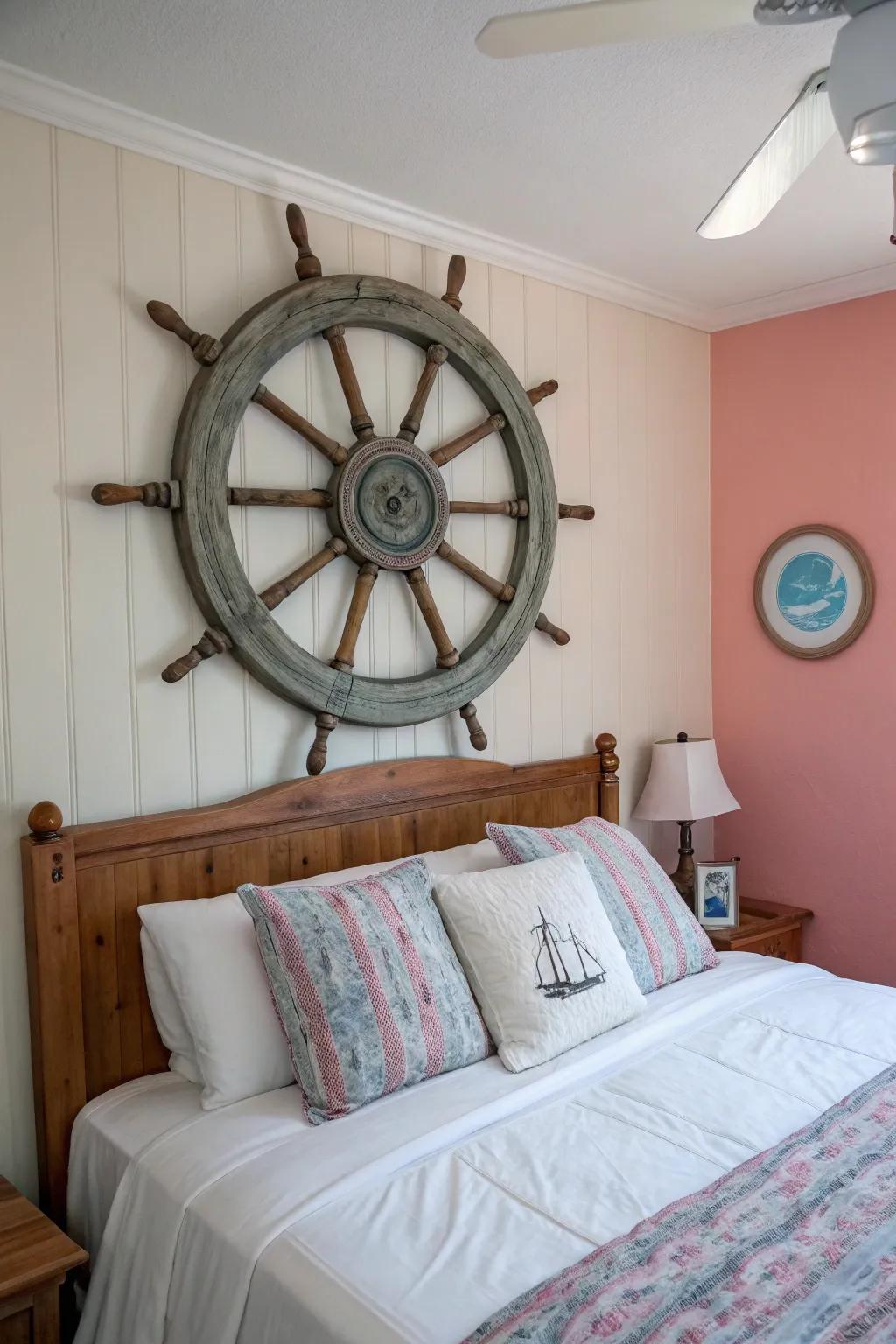 A vintage ship wheel adds maritime charm to the bedroom.