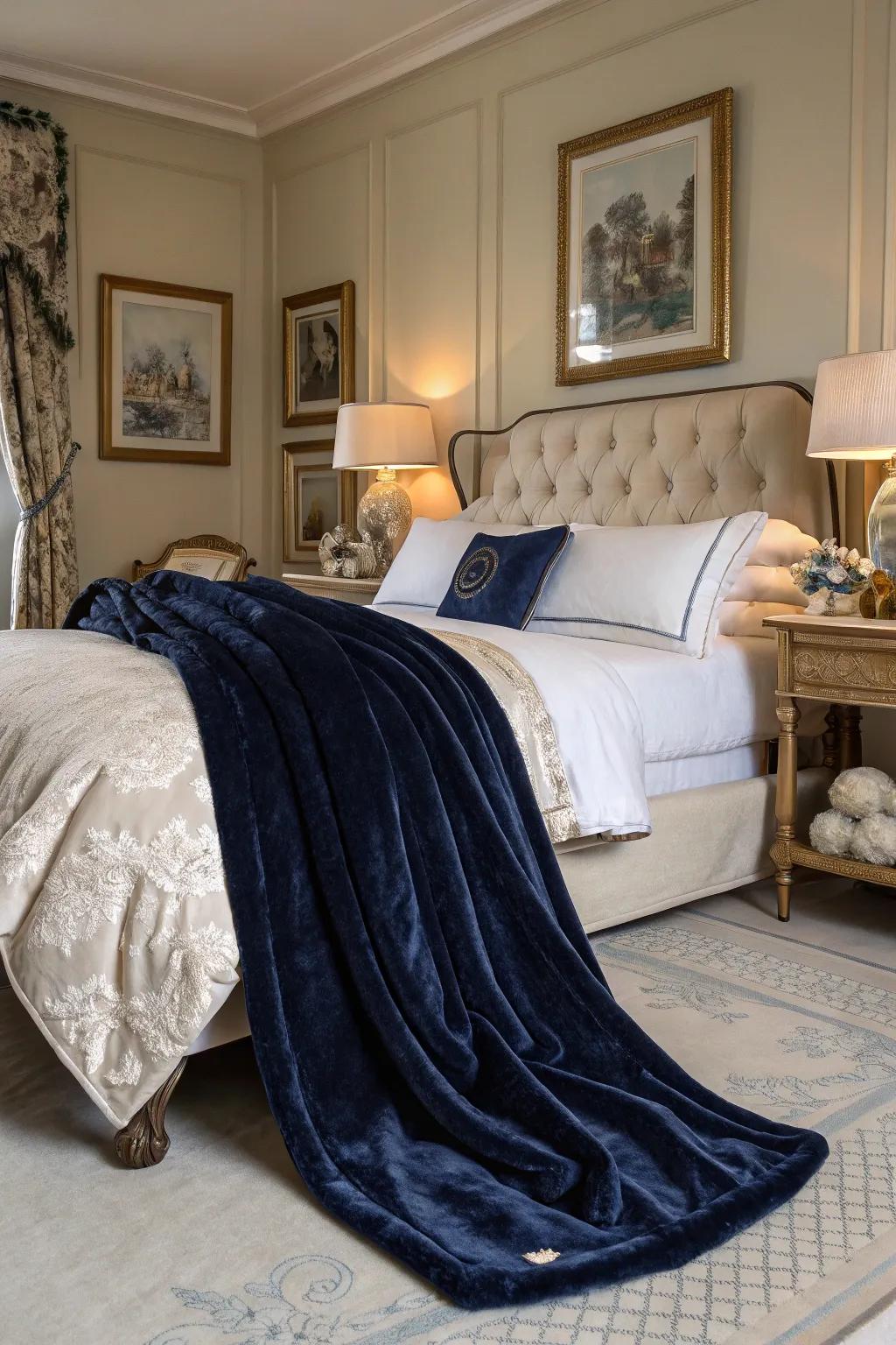 Add luxury with a plush velvet navy throw.