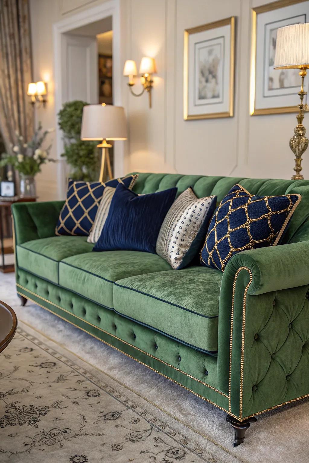 Green velvety seating stands out boldly in an elegant setting.