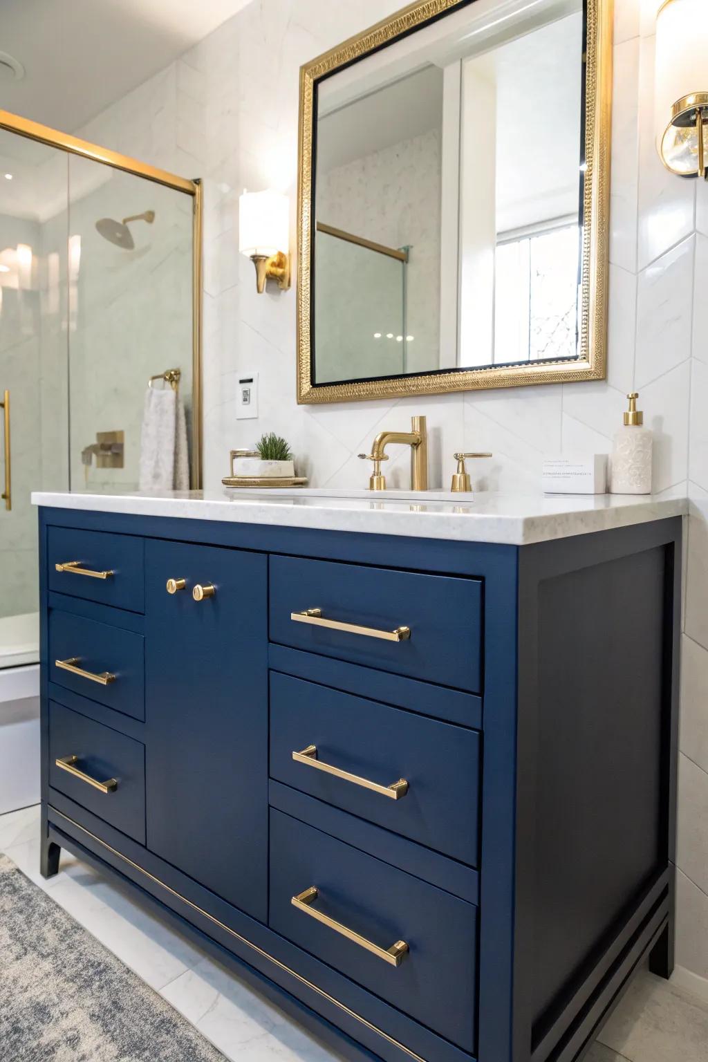 Gilded accents amplify the sapphire vanity's elegance.
