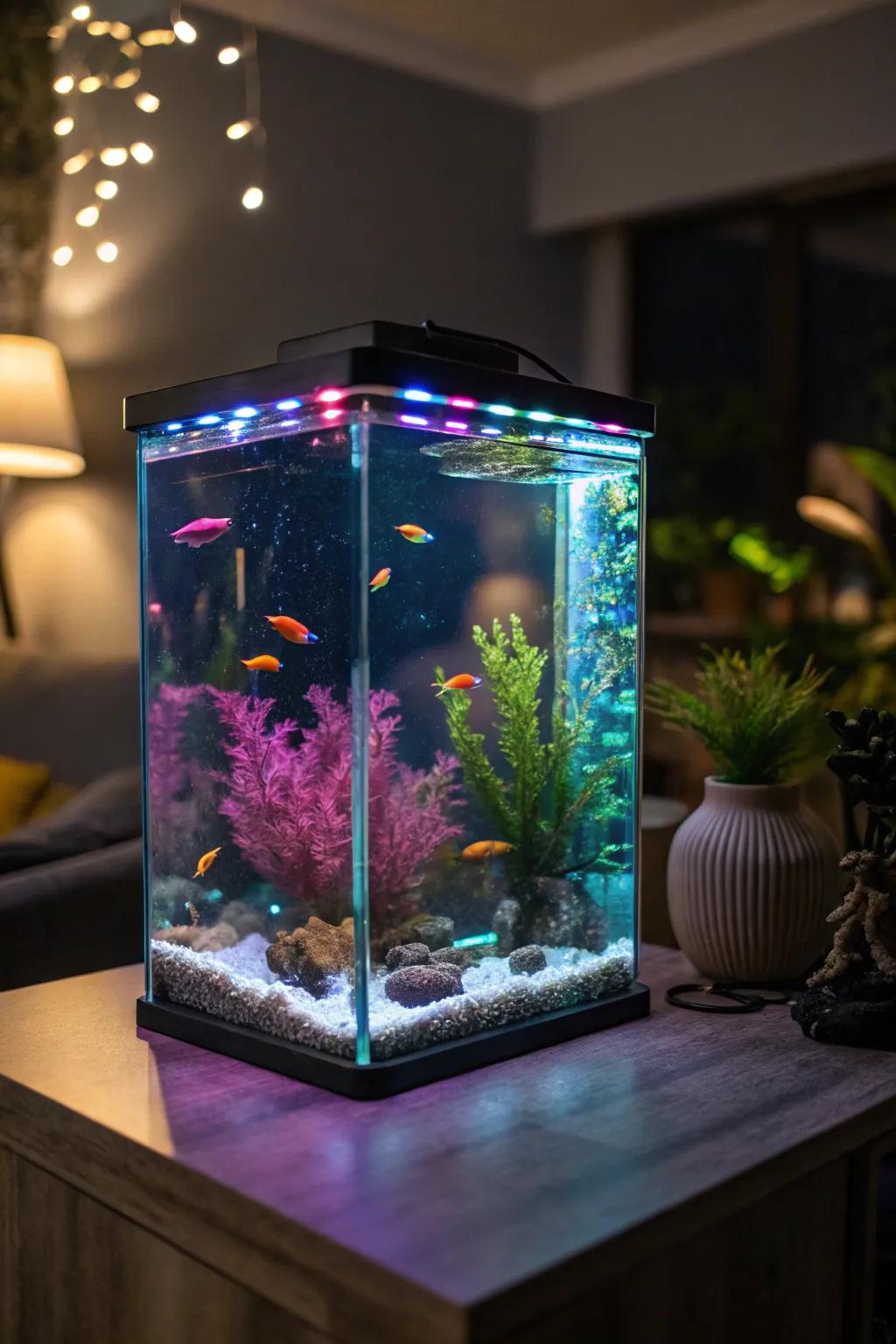 Emitting diode lamps cast an intense glow over this fluorescent-themed fish haven.