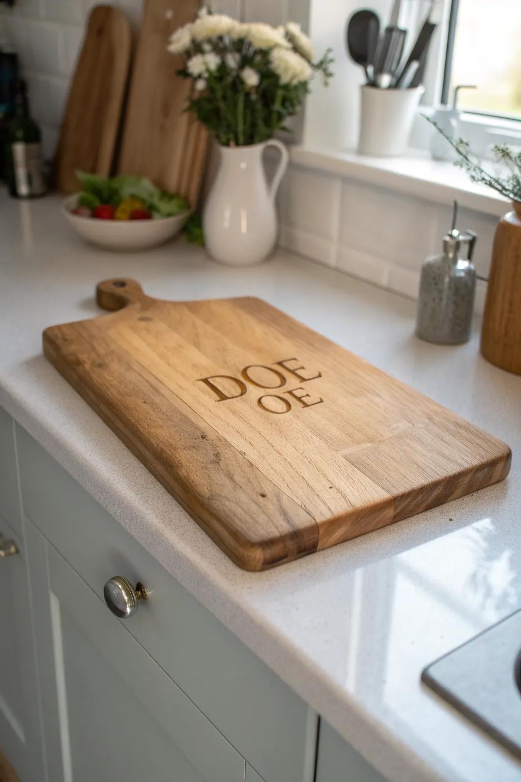A personalized cutting board adds a special touch to any kitchen.
