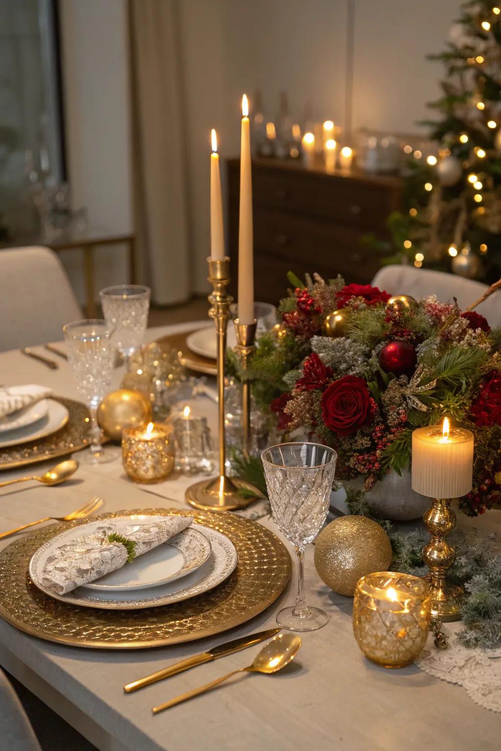 Design an elegant table setting with shimmering metallic accents.