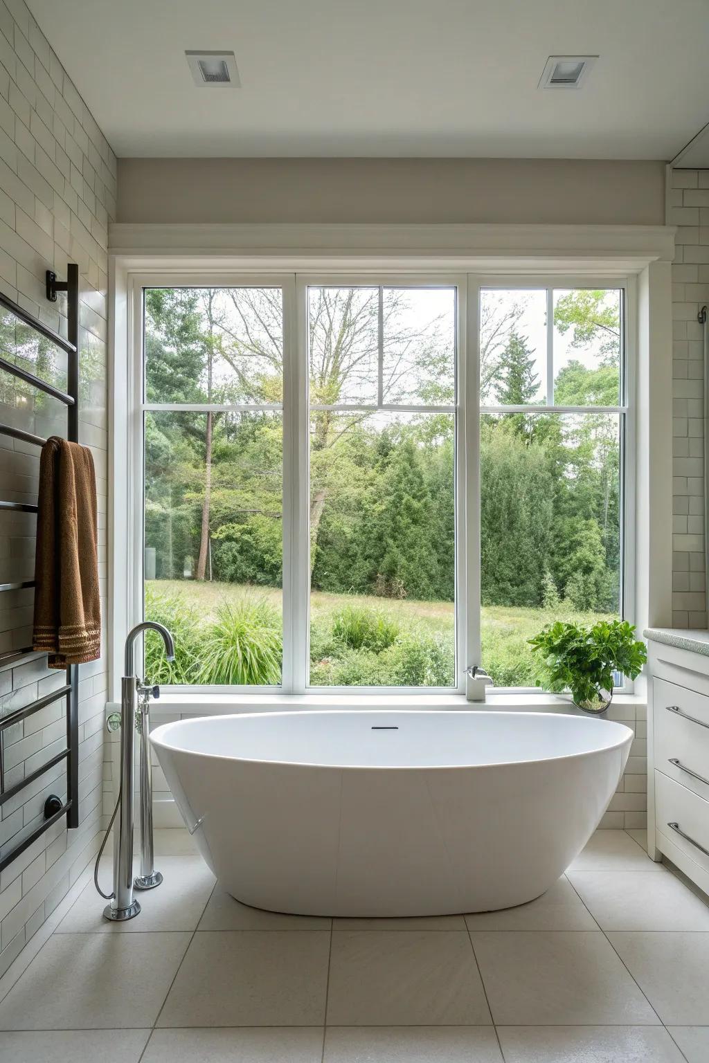 A stand-alone tub gracefully situated by a large window.