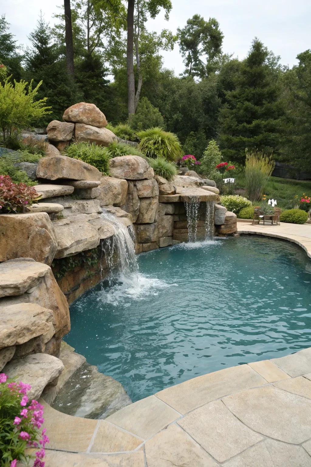 A pool showcasing natural stone formations and a cascade, conjuring a serene and natural sanctuary.