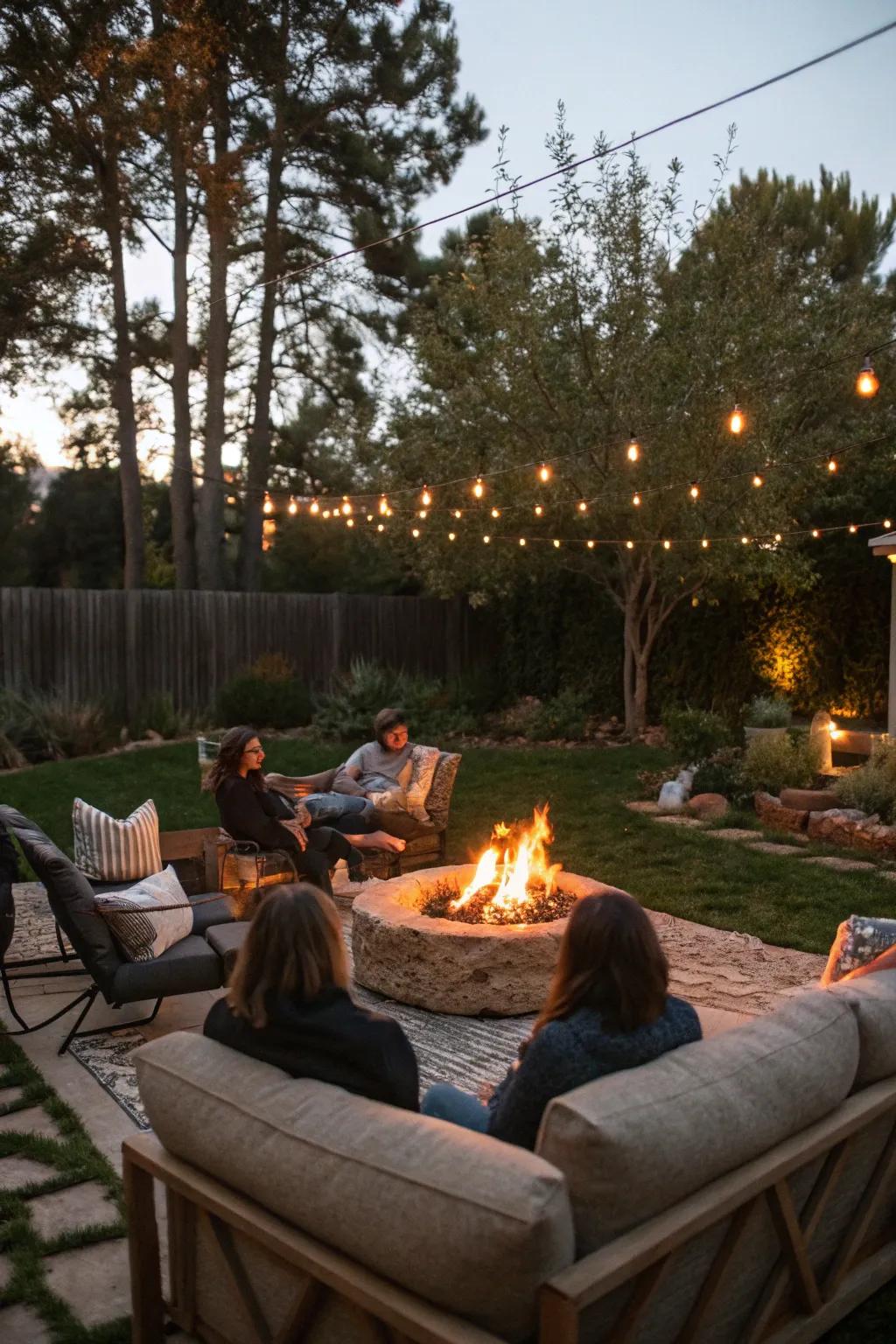 A fire pit establishes a snug focal point for your evening gathering.