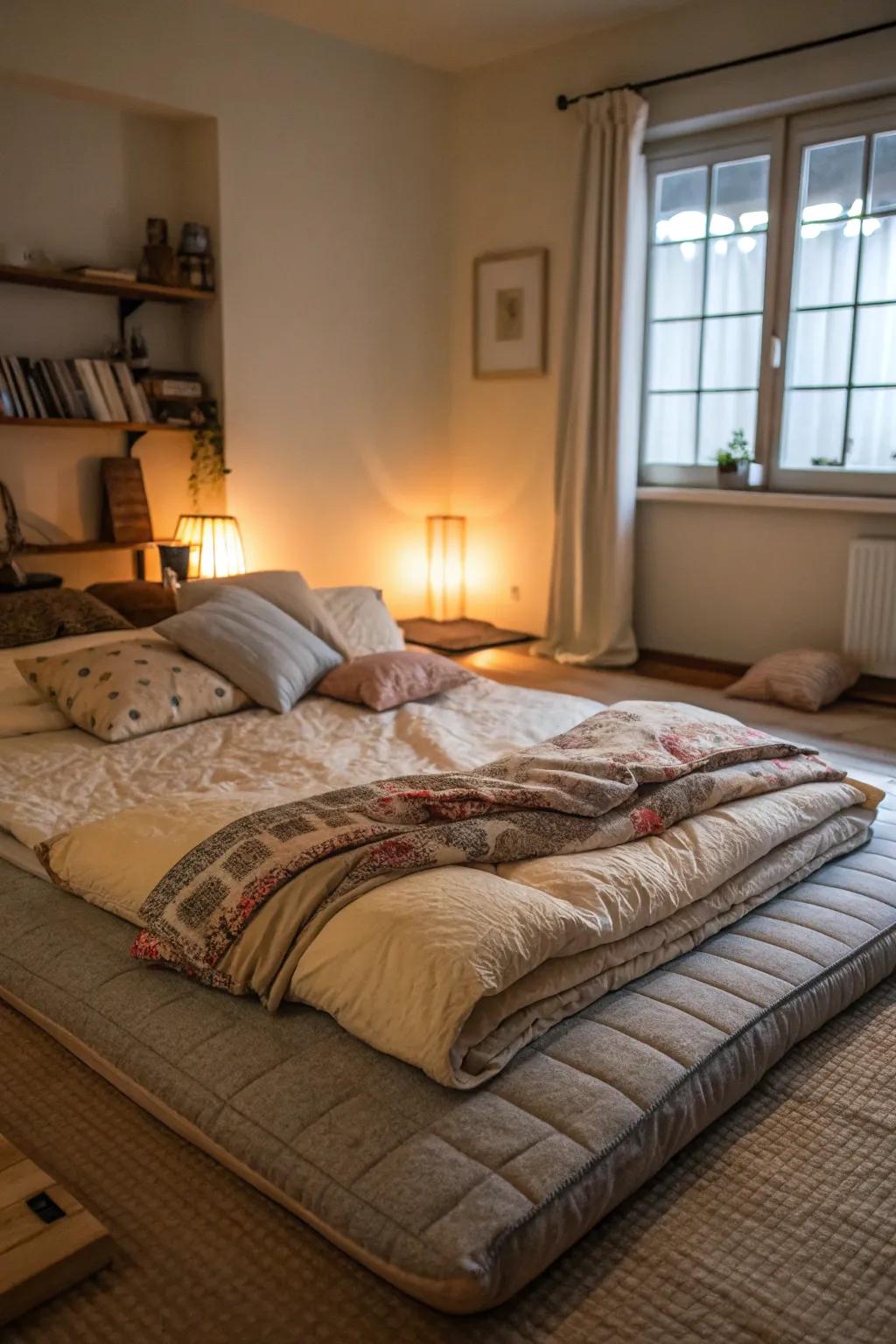 Layered bedding conjures a warm and beckoning atmosphere.