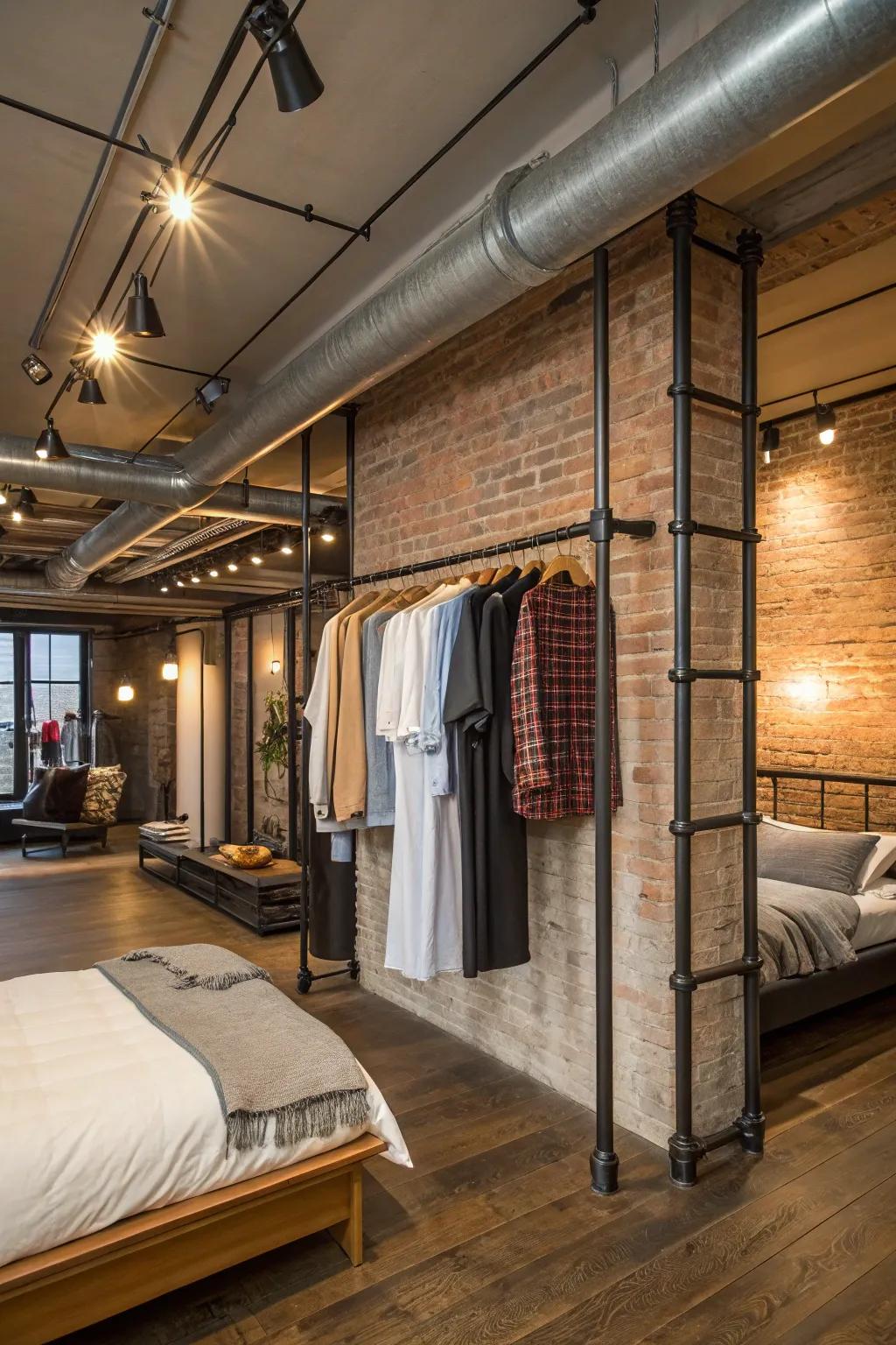 Ceiling-mounted pipes introduce an elegant, industrial atmosphere.