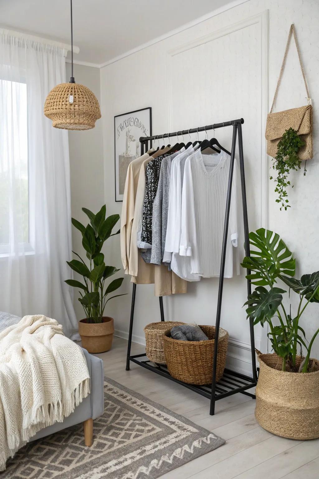 Chic clothing rack in a modern bedroom setting