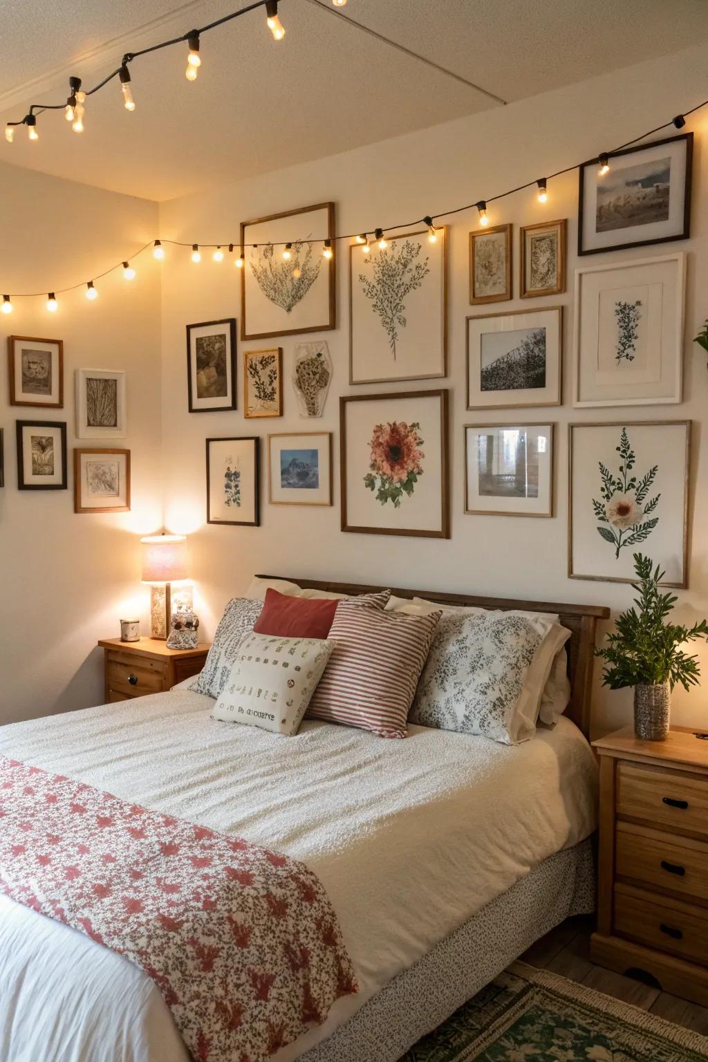 A gallery wall enriches the bedroom's aesthetic with personal expression and a welcoming vibe.
