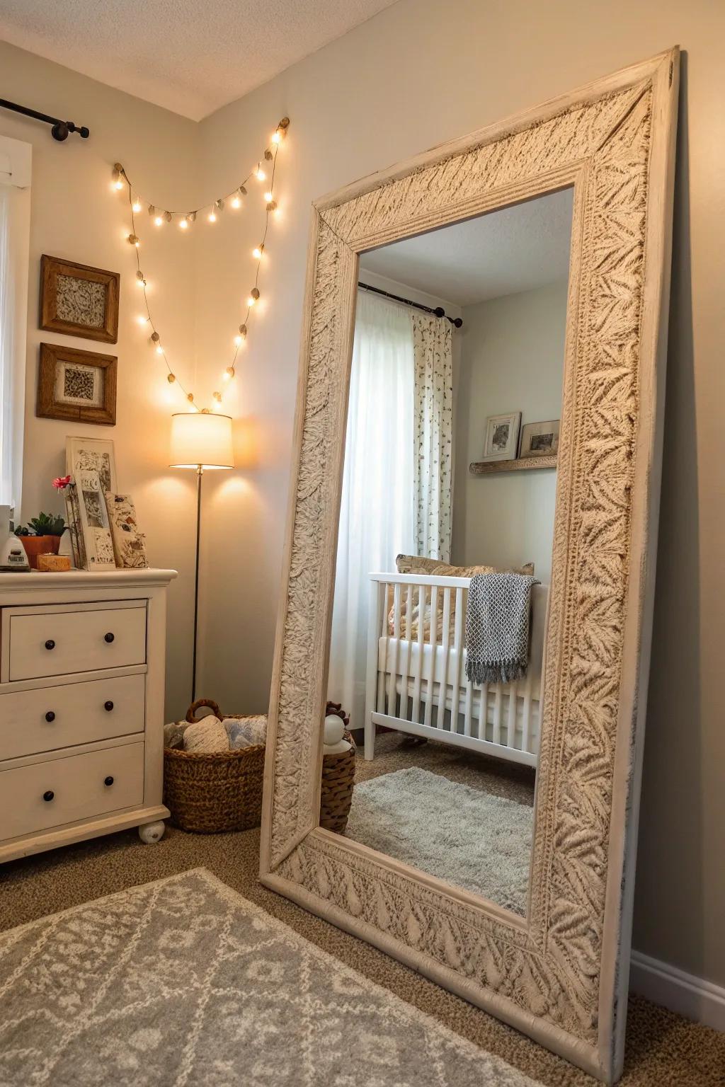 A textured mirror with a remarkable frame acts as the central point in this nursery.