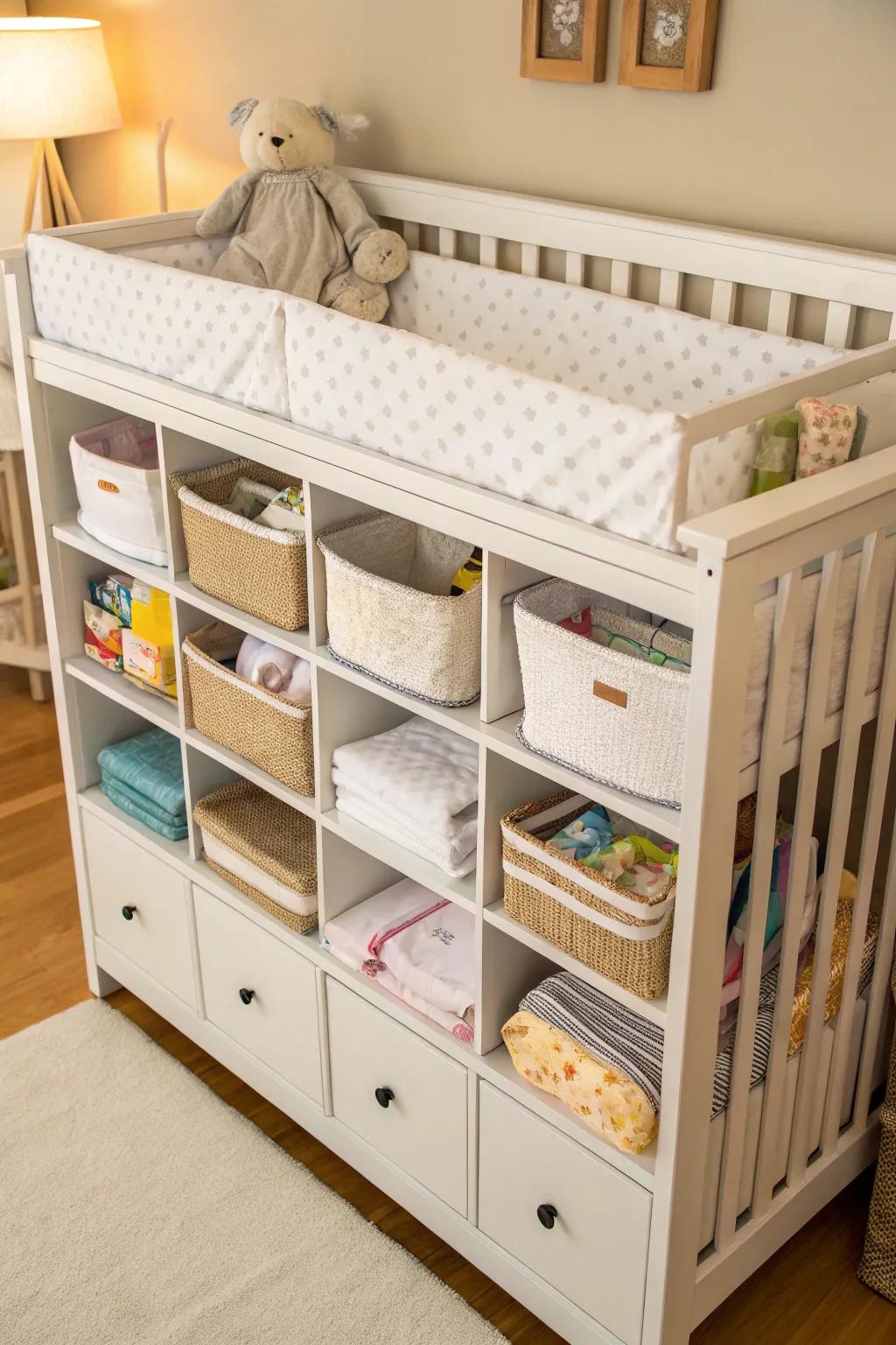 A dual-function bassinet equipped with storage drawers, an ideal space-saving solution.